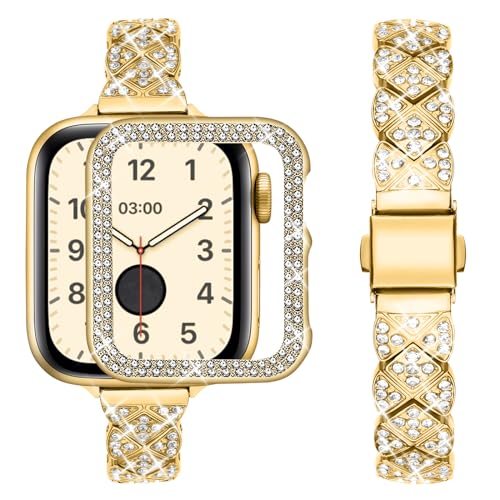 wutwuk Apple Watch Gold Armband 38mm Damen Glitzer Kompatibel mit Apple Watch 3 Armband 38mm mit Schutzhülle Schmal Metallarmband für iWatch 1 2 3 mit Bling Strass für Damen von wutwuk