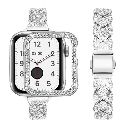 wutwuk Apple Watch Silber Armband 38mm Glitzer Kompatibel mit Apple Watch 3 Armband 38mm mit Schutzhülle Schmal Metallarmband für iWatch 1 2 3 mit Bling Strass für Damen von wutwuk