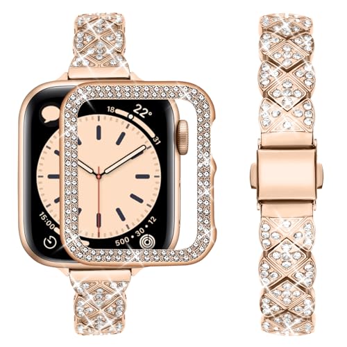 wutwuk Kompatibel mit Apple Watch SE Armband 44mm Damen für Apple Watch Series SE 6 5 4 PC Gehäuse mit Strass-Steinen Diamant Gestell Schutzhülle Stoßstange Schmal Metallarmband Rosegold wutwuk Kompatibel mit Apple Watch SE Armband 44mm Damen für Apple Watch Series SE 6 5 4 PC Gehäuse mit Strass-Steinen Diamant Gestell Schutzhülle Stoßstange Schmal Metallarmband Rosegold von wutwuk