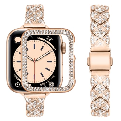 wutwuk Armband Apple Watch 44mm Damen Kompatibel mit Armband Apple Watch SE 44mm mit Glitzeriger Schutzhülle Schmal Metallarmband für iWatch Series SE 2022 SE 6 5 4 mit Bling Strass Damen Rosegold von wutwuk