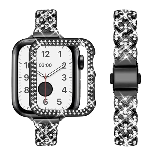 wutwuk Armband Apple Watch 44mm Damen Kompatibel mit Armband Apple Watch SE 44mm mit Glitzeriger Schutzhülle Schmal Metallarmband für iWatch Series SE 2022 SE 6 5 4 mit Bling Strass Damen Schwarz von wutwuk