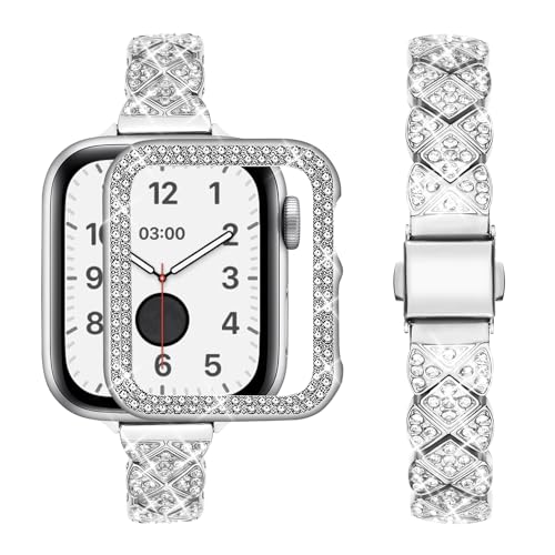 wutwuk Kompatibel mit Apple Watch Armband 41mm 40mm 45mm 44mm Damen 42mm 38mm für Series SE 9 8 7 6 5 4 3 2 1 Harter PC Gehäuse mit Strass-Steinen Diamant Gestell Schutzhülle Stoßstange Silber wutwuk Kompatibel mit Apple Watch Armband 41mm 40mm 45mm 44mm Damen 42mm 38mm für Series SE 9 8 7 6 5 4 3 2 1 Harter PC Gehäuse mit Strass-Steinen Diamant Gestell Schutzhülle Stoßstange Silber von wutwuk