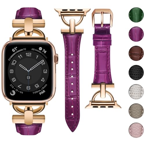 wutwuk Lederarmband Kompatibel mit Armband Apple Watch 41mm 40mm 38mm Echtes Leder mit Bamboo-Muster Schmal Armband für Apple Watch SE /9/8/7/6/5/4/3/2/1 Damen Dunkelviolett Roségold von wutwuk