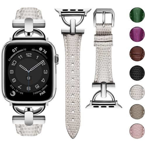 wutwuk Lederarmband Kompatibel mit Armband Apple Watch 41mm 40mm 38mm Echtes Leder mit Eidechsenmuster Schmal Armband für Apple Watch SE/9/8/7/6/5/4/3/2/1 Damen Frauen Starlight Silber von wutwuk