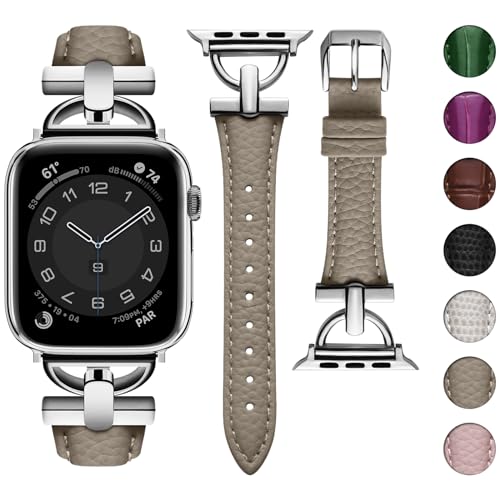 wutwuk Lederarmband Kompatibel mit Armband Apple Watch 41mm 40mm 38mm Echtes Leder mit Lychee-Muster Schmal Armband für Apple Watch SE/9/8/7/6/5/4/3/2/1 Damen Khaki Silberne Schnalle von wutwuk