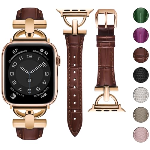 wutwuk Lederarmband Kompatibel mit Armband Apple Watch 49mm 44mm 45mm 42mm Echtes Leder mit Bamboo-Muster Schmal Armband für Apple Watch Ultra/9/8/7/6/5/4/3/2/1/SE Damen Dunkelbraun Roségold von wutwuk