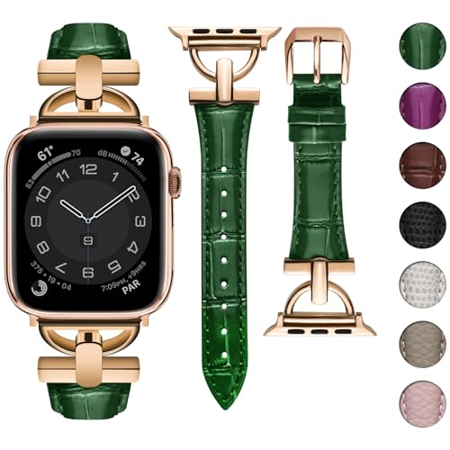wutwuk Lederarmband Kompatibel mit Armband Apple Watch 49mm 44mm 45mm 42mm Echtes Leder mit Bamboo-Muster Schmal Armband für Apple Watch Ultra/9/8/7/6/5/4/3/2/1/SE damen Frauen Grün Roségold von wutwuk