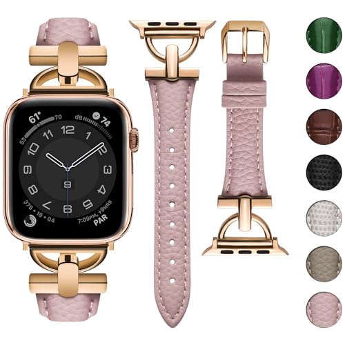 wutwuk Lederarmband Kompatibel mit Armband Apple Watch 49mm 44mm 45mm 42mm Echtes Leder mit Lychee-Muster Schmal Armband für Apple Watch Ultra/9/8/7/6/5/4/3/2/1/SE Damen Rosa Roségold von wutwuk