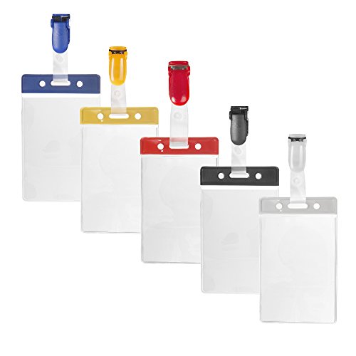 Karteo® Ausweishülle transparent vertikal mit Clip | Kartenhüllen Vinyl Plastik mit Farbbalken gelb | für Karten Ausweise (86 x 54mm) benutzbar als Ausweishalter Kartenhalter von www.karteo.de