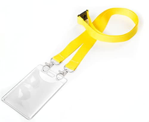 Karteo® Ausweishülle vertikal Din A7 (74 x 105mm) mit 20mm Schlüsselband Lanyard gelb mit Doppelkarabinerhaken und Sicherheitsverschluss Ausweishüllen transparent Plastik von www.karteo.de