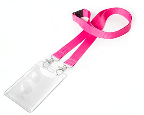 Karteo® Ausweishülle vertikal Din A7 (74 x 105mm) mit 20mm Schlüsselband Lanyard pink mit Doppelkarabinerhaken und Sicherheitsverschluss Ausweishüllen transparent Plastik von www.karteo.de
