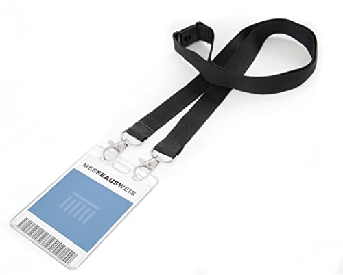 Karteo® Ausweishülle vertikal Din A7 (74 x 105mm) mit 20mm Schlüsselband Lanyard schwarz mit Doppelkarabinerhaken und Sicherheitsverschluss Ausweishüllen transparent Plastik von www.karteo.de