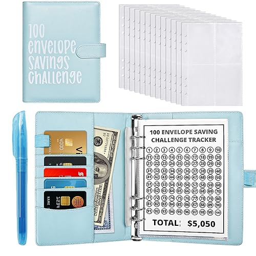 100 Envelope Challenge Binder, Herausforderungsordner mit 100 Umschlägen, Money Saving Challenges Book, Lustiger Budgetordner (blau) von xinrongda