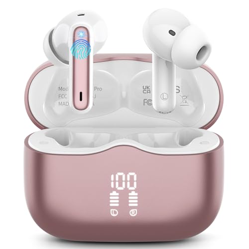 Bluetooth Kopfhörer, Kopfhörer Kabellos Bluetooth 5.3 In Ear Kopfhörer mit 4 ENC Noise Cancelling Mic, Kabellose Kopfhörer Tiefer Bass Wireless Earbuds 40Std, IP7 Wasserdicht LED Anzeige, Roségold von xinwld