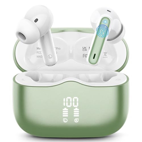 Bluetooth Kopfhörer, 2025 In Ear Kopfhörer Kabellos Bluetooth 5.4 Tiefer Bass mit 4 ENC Noise Cancelling Mic, 40Std Kabellose Kopfhörer Hi-Fi Stereo IP7 Wasserdicht Ohrhörer USB-C LED-Anzeige Grasgrün von xinwld