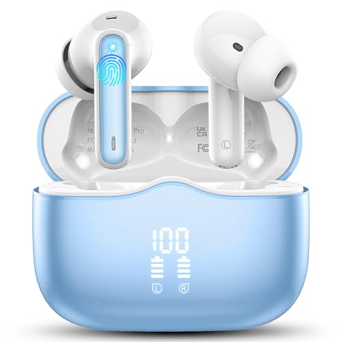 Bluetooth Kopfhörer, Kopfhörer Kabellos Bluetooth 5.3 In Ear Kopfhörer mit 4 ENC Noise Cancelling Mic, Kabellose Kopfhörer Tiefer Bass Wireless Earbuds 40Std, IP7 Wasserdicht Ohrhörer, Hellblau von xinwld