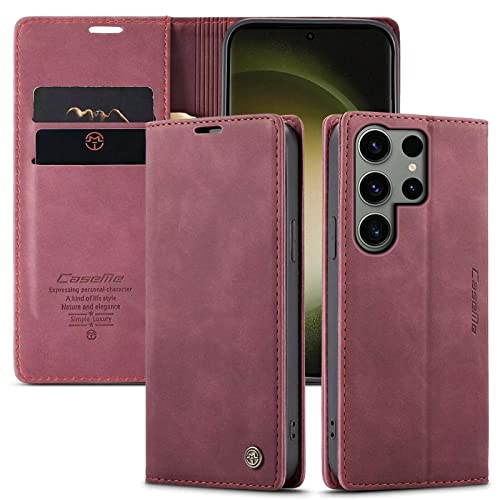 XINYUNEW Cases Kompatibel mit Samsung Galaxy S23 Ultra Hüllen, Premium Dünne Ledertasche Handyhülle mit Kartenfach Ständer Flip Klapphüllen for Cases Samsung Galaxy S23 Ultra - Rotwein von xinyunew