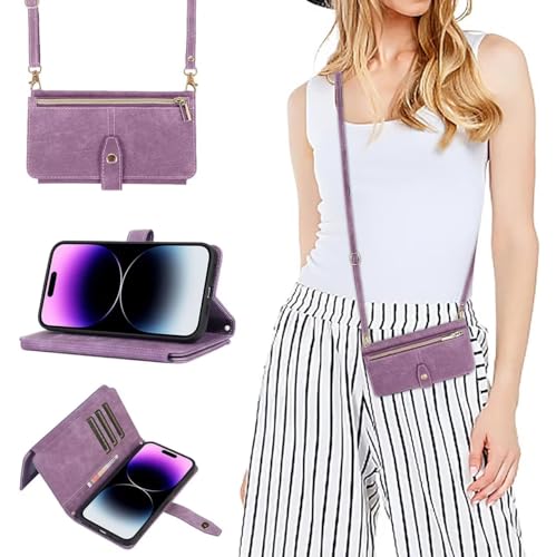 xinyunew Premium Leder Klapphülle für Google Pixel 7 Pro Hülle mit Band, Leder Google Pixel 7 Pro Handytasche Handyhülle Praktische Handykette Kartenfächer Umhängetasche Google Pixel 7 Pro Case,Lila von xinyunew