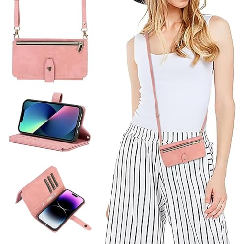 xinyunew Premium Leder Klapphülle für Google Pixel 7 Pro Hülle mit Band, Leder Google Pixel 7 Pro Handytasche Handyhülle Praktische Handykette Kartenfächer Umhängetasche Google Pixel 7 Pro Case,Rosa von xinyunew