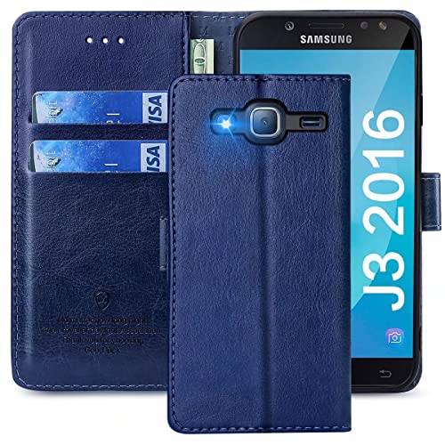 xinyunew Handyhülle für Samsung Galaxy J3 2016 Hülle,Hülle Handyhülle Phone Leder Flip Case Ständer PU Brieftasche Schutzhülle für Samsung Galaxy J3 2016,Blau von xinyunew