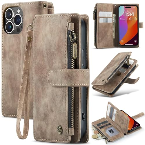 xinyunew Hülle für iPhone 14 Plus, viele Kartenfäche Retro Leder Geldbörse Stoßfest Flip Case mit Handschlaufe Standfunktion Reißverschluss Handyhülle Magnetverschluss Wallet– Brun von xinyunew