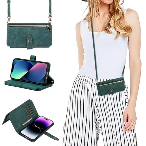 xinyunew Handykette für Redmi Note 13 Pro Plus 5G Hülle mit Band, Leder Schutzhülle Handytasche Handyhülle Praktische Handykette Kartenfächer Umhängetasche Redmi Note 13 Pro+ 5G Case,Grün von xinyunew