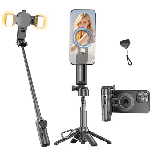 Magnetic Mini iPhone Selfie Stick, Tragbare Klein Handy Stativ, Magnetisch und Clip 2-in-1 mit Abnehmbarer Fernbedienung und 2 Fülllichtern für Foto/Live Streaming/Videoaufnahmen von yAyusi