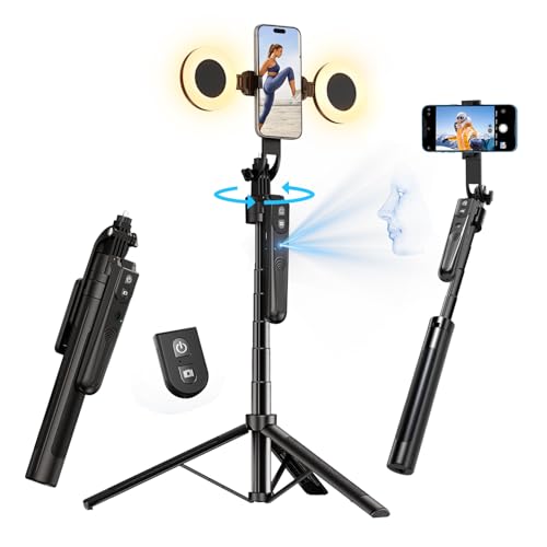 yAyusi 360° Drehung Auto Face Tracking Stativ mit Licht, Keine App, 180cm Telefonstativständer mit Bewegungssensor, Gesichtskörper Handy Selfie Stick für Vlog/Live-Stream/Videoaufzeichnung von yAyusi