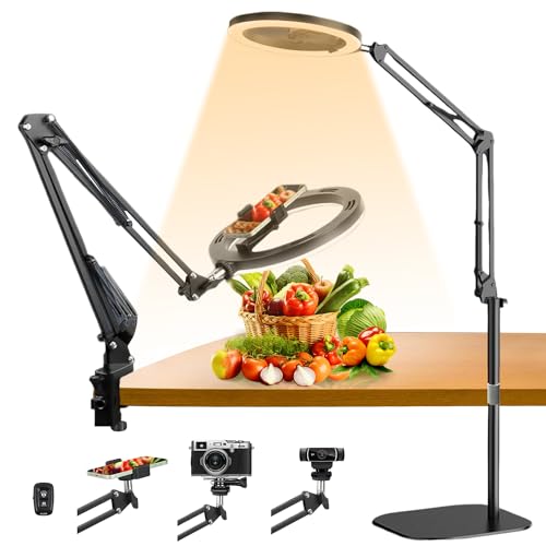 yAyusi Overhead Ringlicht mit Stativ Handy, Doppelzweck Boden/Desktop Handy Stativ Ringlicht, Overhead Kamera Ständer, Dimmbarer LED Selfie Ringlicht Overhead Stativ für Videoaufzeichnung/Live-Stream von yAyusi