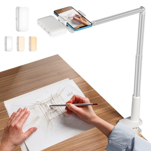 yAyusi Overhead Stativ Handy mit Ringlicht, LED Ringlicht mit Stativ Handy, Batteriebetriebenes Dimmbare 15 Helligkeiten LED Tischringlicht für Unboxing-Video, Live-Streaming, Videoaufnahme (Weiß) von yAyusi