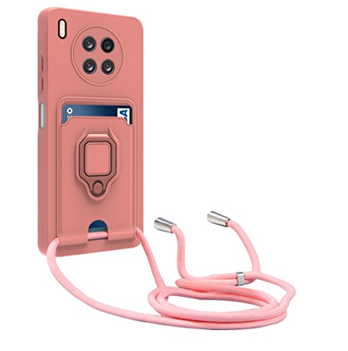 yanasuo Kameraschutz Silikon Handykette Hülle kompatibel mit Huawei Nova 8i / Honor 50 Lite, Metall Ring Halter Handy Cover,Verstellbarer Halskette Handyhülle-Pink von yanasuo