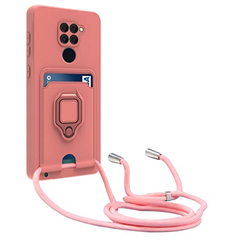 yanasuo Kameraschutz Silikon Handykette Hülle kompatibel mit Xiaomi Redmi Note 9, Metall Ring Halter Handy Cover,Verstellbarer Halskette Handyhülle-Pink von yanasuo