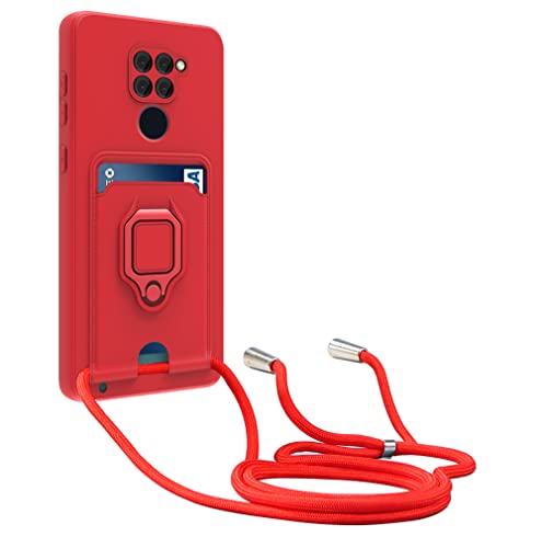 yanasuo Kameraschutz Silikon Handykette Hülle kompatibel mit Xiaomi Redmi Note 9, Metall Ring Halter Handy Cover,Verstellbarer Halskette Handyhülle-Rot von yanasuo