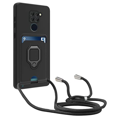 yanasuo Kameraschutz Silikon Handykette Hülle kompatibel mit Xiaomi Redmi Note 9, Metall Ring Halter Handy Cover,Verstellbarer Halskette Handyhülle-Schwarz von yanasuo
