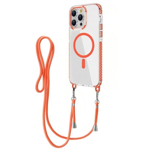 yanasuo Magnetische Hülle für iPhone 16 Plus,Kompatibel mit MagSafe,Kameraschutz Vollständiger Transparent PC Stoßfest Case Verstellbarer Halskette Handyhülle-Orange von yanasuo