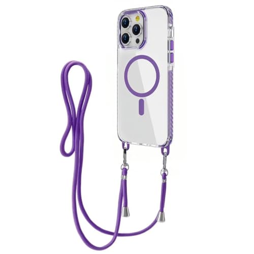yanasuo Magnetische Hülle für iPhone 16 Pro Max,Kompatibel mit MagSafe,Kameraschutz Vollständiger Transparent PC Stoßfest Case Verstellbarer Halskette Handyhülle-Lila von yanasuo