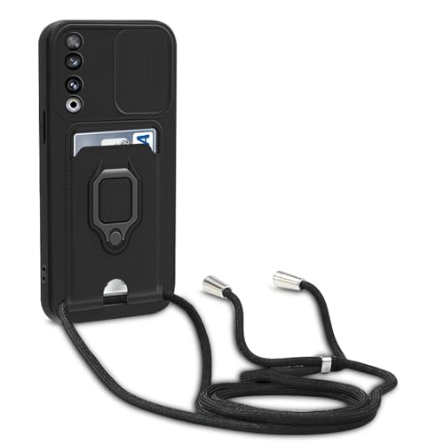 yanasuo Schiebe Kameraschutz Silikon Handykette Hülle kompatibel mit Honor 90 5G (6.7"), Metall Ring Halter Handy Cover,Verstellbarer Halskette Handyhülle-Schwarz von yanasuo