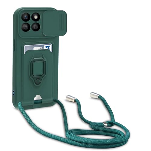 yanasuo Schiebe Kameraschutz Silikon Handykette Hülle kompatibel mit Huawei Honor X8b, Metall Ring Halter Handy Cover,Verstellbarer Halskette Handyhülle-Dunkel Grün von yanasuo