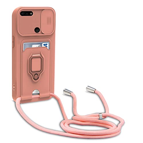 yanasuo Schiebe Kameraschutz Silikon Handykette Hülle kompatibel mit Huawei Y7 2018/Honor 7C, Metall Ring Halter Handy Cover,Verstellbarer Halskette Handyhülle-Pink von yanasuo