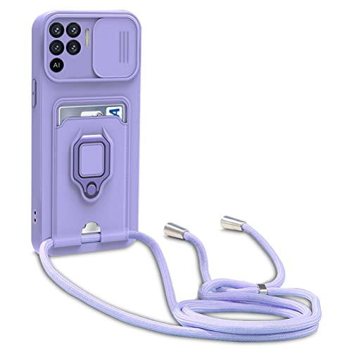 yanasuo Schiebe Kameraschutz Silikon Handykette Hülle kompatibel mit Oppo A94 4G/F19 Pro/Reno 5F/5Z/Reno 5 Lite, Metall Ring Halter Handy Cover,Verstellbarer Halskette Handyhülle-Lila von yanasuo