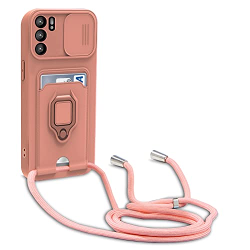 yanasuo Schiebe Kameraschutz Silikon Handykette Hülle kompatibel mit Oppo Reno 6 5G, Metall Ring Halter Handy Cover,Verstellbarer Halskette Handyhülle-Pink von yanasuo