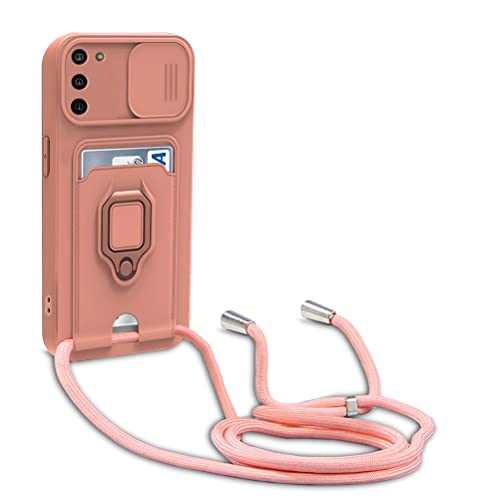yanasuo Schiebe Kameraschutz Silikon Handykette Hülle kompatibel mit Samsung Galaxy A02S/A03S[Phone: 164.2 mm, 6.5''], Metall Ring Halter Handy Cover,Verstellbarer Halskette Handyhülle-Pink von yanasuo