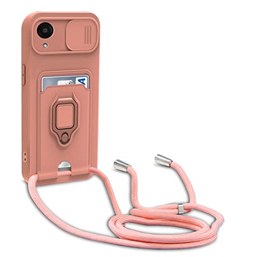 yanasuo Schiebe Kameraschutz Silikon Handykette Hülle kompatibel mit Samsung Galaxy A03 Core, Metall Ring Halter Handy Cover,Verstellbarer Halskette Handyhülle-Pink von yanasuo