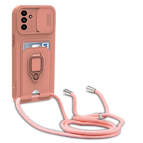 yanasuo Schiebe Kameraschutz Silikon Handykette Hülle kompatibel mit Samsung Galaxy A13 5G, Metall Ring Halter Handy Cover,Verstellbarer Halskette Handyhülle-Pink von yanasuo