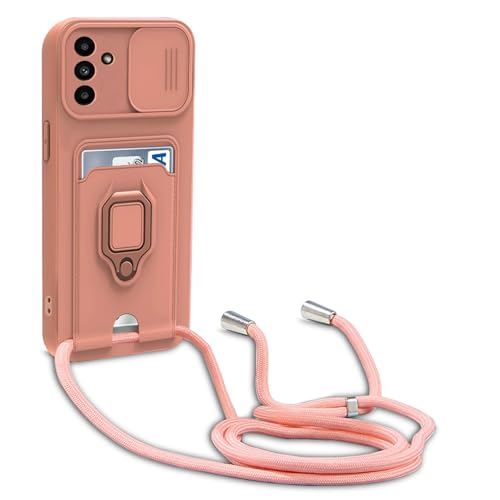 yanasuo Schiebe Kameraschutz Silikon Handykette Hülle kompatibel mit Samsung Galaxy A15, Metall Ring Halter Handy Cover,Verstellbarer Halskette Handyhülle-Pink von yanasuo