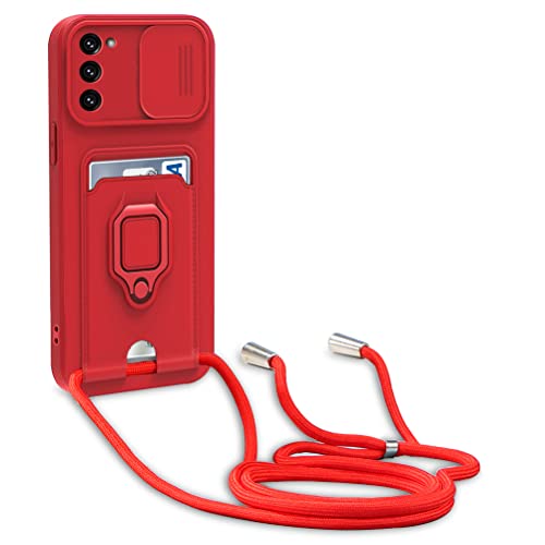 yanasuo Schiebe Kameraschutz Silikon Handykette Hülle kompatibel mit Samsung Galaxy S21 FE 5G, Metall Ring Halter Handy Cover,Verstellbarer Halskette Handyhülle-Rot von yanasuo