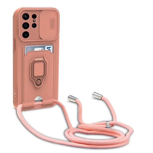 yanasuo Schiebe Kameraschutz Silikon Handykette Hülle kompatibel mit Samsung Galaxy S24 Ultra, Metall Ring Halter Handy Cover,Verstellbarer Halskette Handyhülle-Pink von yanasuo