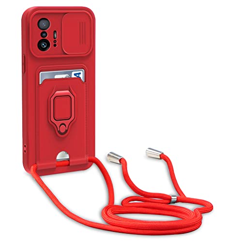 yanasuo Schiebe Kameraschutz Silikon Handykette Hülle kompatibel mit Xiaomi Mi 11T/11T Pro, Metall Ring Halter Handy Cover,Verstellbarer Halskette Handyhülle-Rot von yanasuo