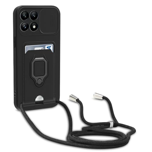 yanasuo Schiebe Kameraschutz Silikon Handykette Hülle kompatibel mit Xiaomi Mi 14T, Metall Ring Halter Handy Cover,Verstellbarer Halskette Handyhülle-Schwarz von yanasuo