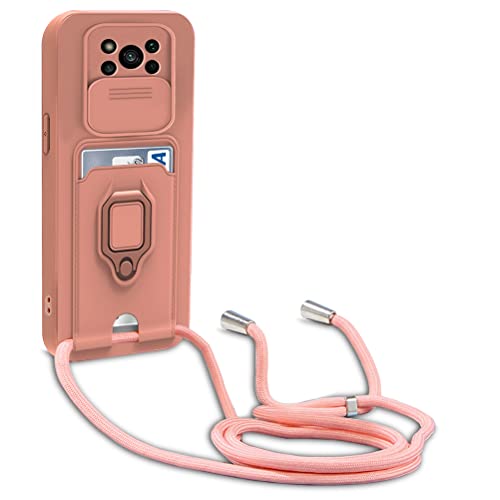 yanasuo Schiebe Kameraschutz Silikon Handykette Hülle kompatibel mit Xiaomi Poco X3 NFC/Poco X3 Pro, Metall Ring Halter Handy Cover,Verstellbarer Halskette Handyhülle-Pink von yanasuo